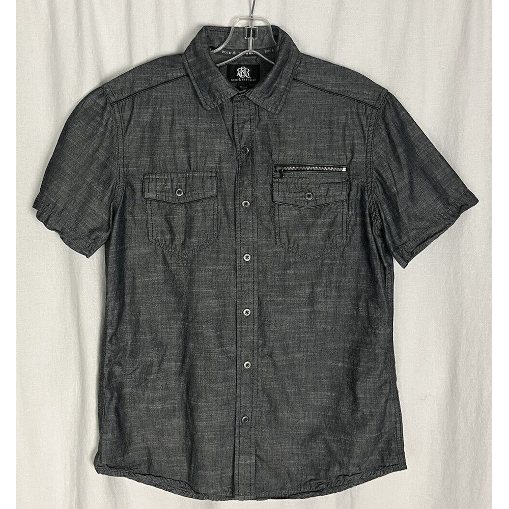 Rock &‎ Republic Shirt Mens S Dark Gray Button Front Short Sleeve Zipper Pockets